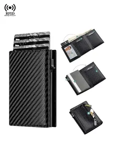 RFID Blocking Pop Up Wallet for Men Carbon Fiber Slim PU Leather Smart Credit Card Holder Rfid Theft Proof Card Slots with Coin Pocket ID Window Anti-Theft Bank Cardholder Short Purse Card Carrying Holder