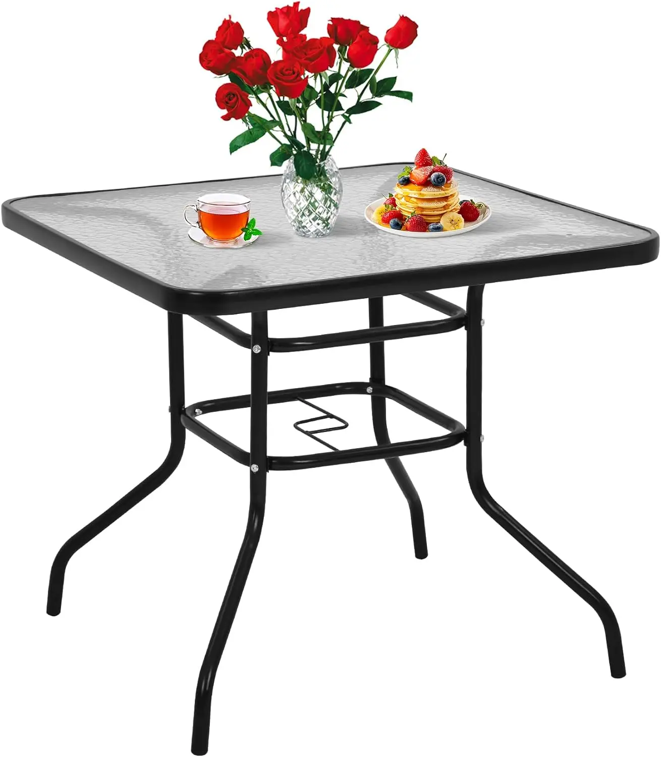 Outdoor Patio Table Bistro Metal Steel Frame Square Table Balcony Conversation Coffee Tables with Umbrella Hole Outside Garden Dining Tables with Tempered Glass Top, Black