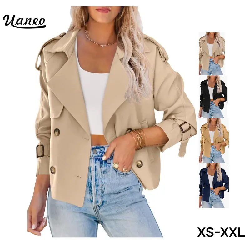 Uaneo Women's Double Breasted Short Duster Trench Coat Lapel Loose Windproof Cropped Jacket Coat with Pockets,Spring,Fall