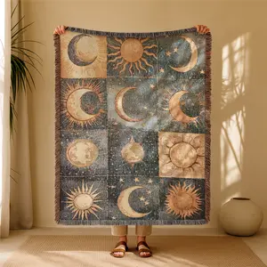 Sun Moon Pattern Bohemian Yarn Jacquard Woven Blanket with Tassel, Thick Soft Washable Blanket, Used for Home Decor Sofa Chair Bed Tapestry Tablecloth Floor Garden Picnic Outdoor Camping