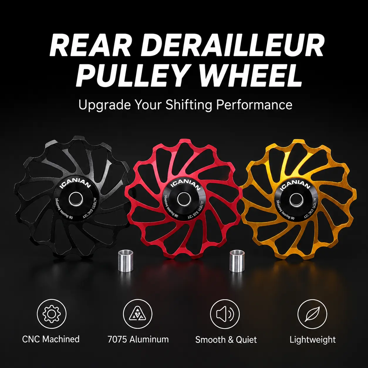 ICANIAN 13T Aluminium Bicycle Rear Derailleur Pulley Upgraded Version, Hybrid Ceramic Bearings, Smooth Shifting Outdoor Cycling Accessory for MTB & Road Bike Gear with Included Adapter Accessories, Outdoor Cycling Accessories