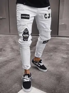 Men's Cartoon Chicken Embroidery Ripped Jeans, Slim Casual Denim Pants for Daily Wear, Streetwear Casual Bottom, Fashion Men's Bottoms for All Seasons, Casual Comfy Denim