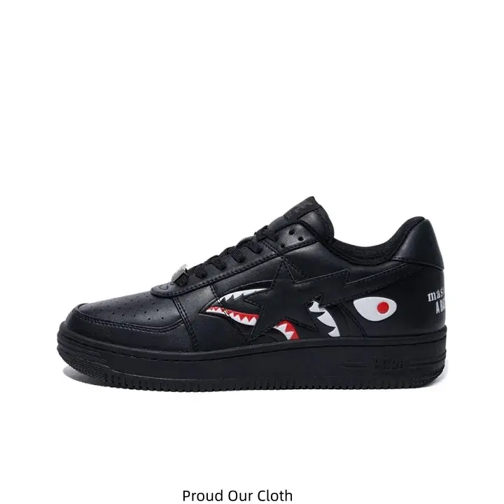 All Black Leather Low Top Sneakers Shark Mouth Graphic Print Black Laces Flat Black Midsole Hip Hop Streetwear Casual Skate Shoes