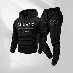 Men's Milano Letter Printed Hoodie & Drawstring Sweatpants Set, 100% Polyester, Casual Athletic Long Sleeve Tracksuit for Fall Winter, Daily Wear, Sportswear