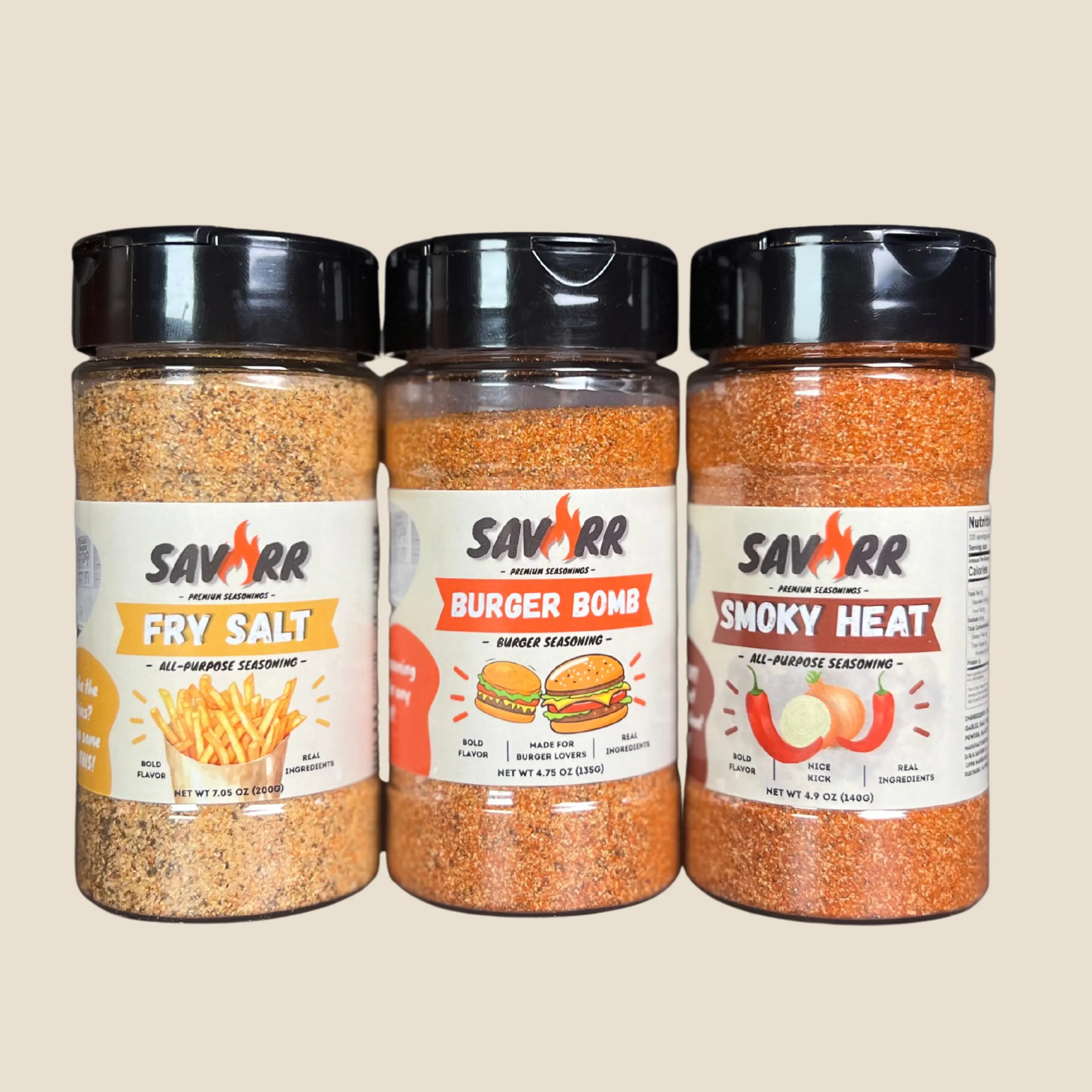 Savorr Premium Giant Seasoning Trio – Burger Bomb, Fry Salt & Smoky Heat 3-Pack