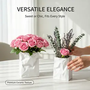 3D Printed Crinkled Paper Bag Vase, Minimalist Aesthetic Home Decor, Multipurpose Flower Vase & Desk Pen Organizer