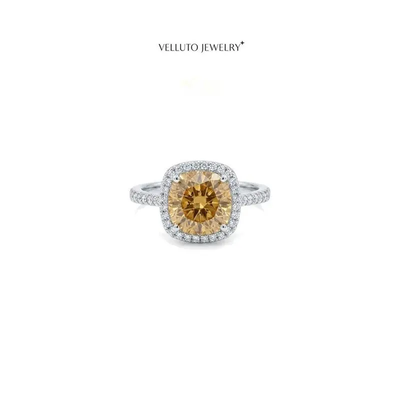 Platinum-Plated Yellow Moissanite Ring, 2.0 Carat Total Weight – High Color Dispersion, Exquisite Details, Wedding Wear