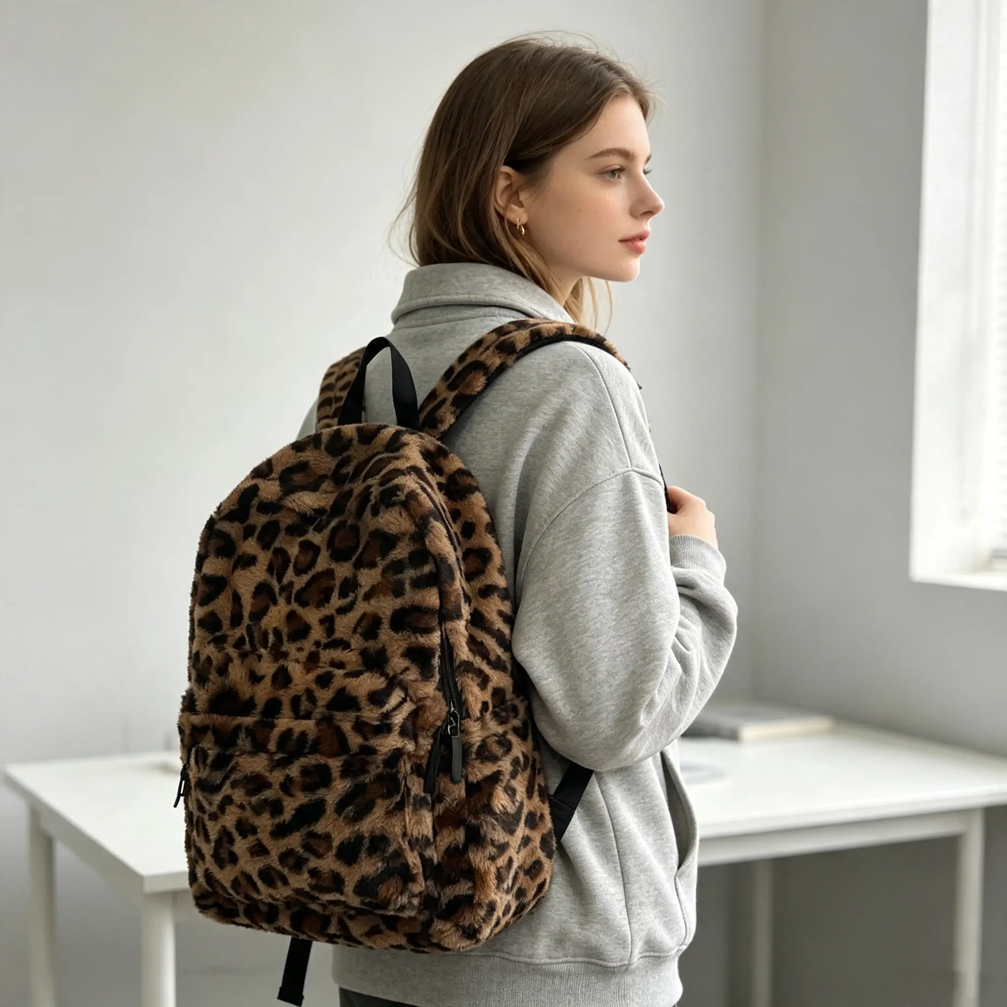 Cute backpack with furry cheetah shoulder bag, chic backpack with fashionable aesthetic, plush large capacity backpack with leopard print shoulder bag
