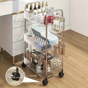 1PC 3-Tier Rolling Acrylic Makeup Organizer with 3 Hanging Baskets Multi-functional Bathroom Living Room Vanity Storage Shelf Transparent Design Easy Access Modern Style Cosmetics Rack Makeup Tool Organizer Bathroom Accessories Storage
