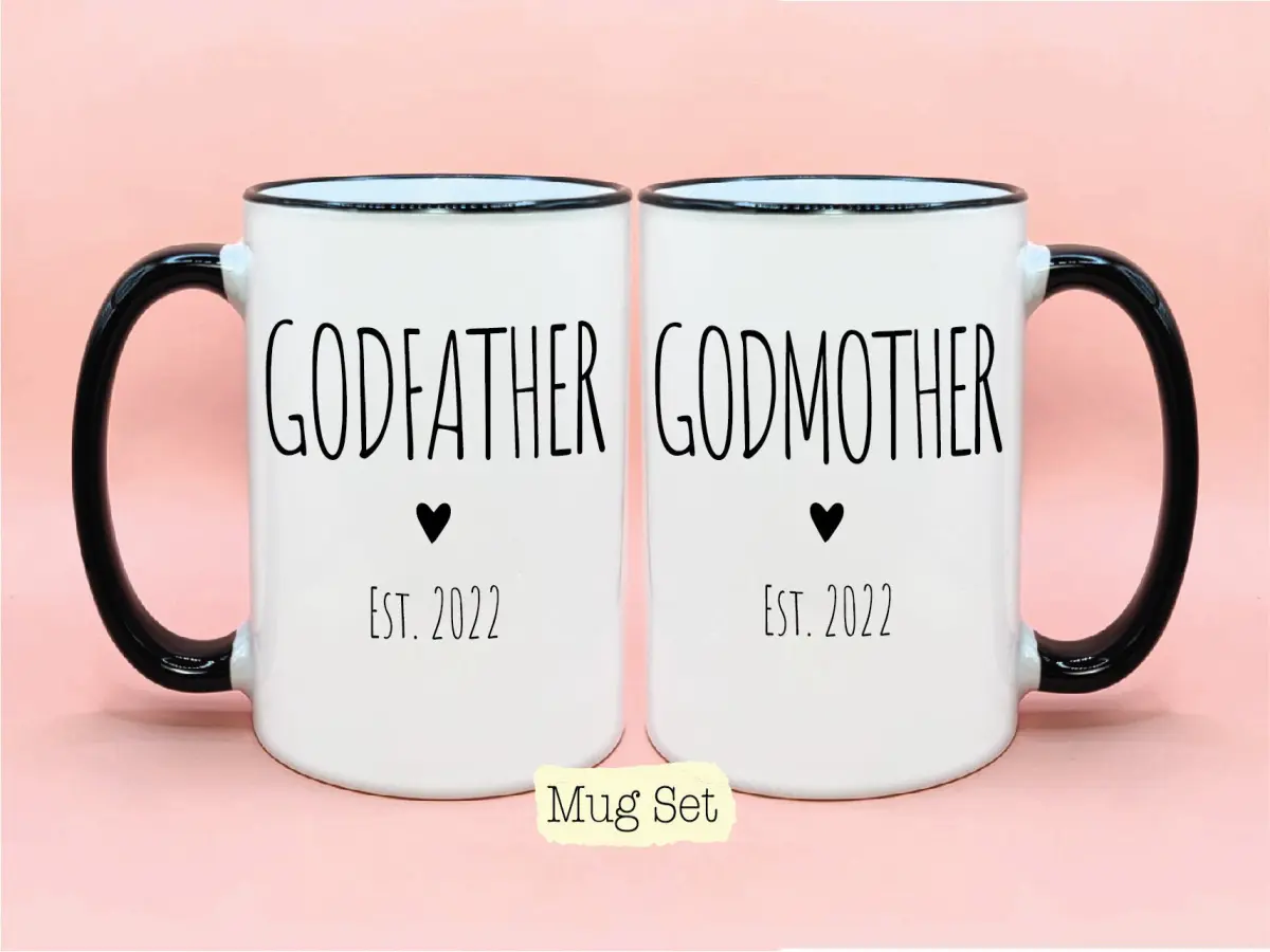 Godmother Godfather Coffee Mug Set Est Year #1, New Baby Reveal Idea, Godfather Cups, Godmother Mug, New Godparent Gift Ideas, Godparent Mug