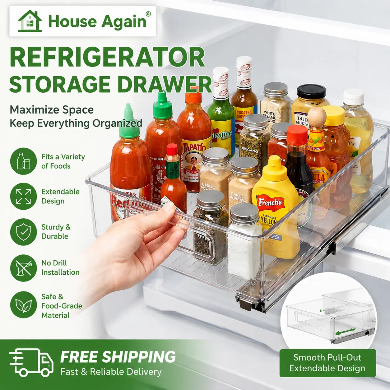 Pull Out Refrigerator Organizer Drawers, Clear Fridge Storage Bins with Handles, Sliding Drawer Shelf Organizer for Fruit, Vegetables, Drinks & Snacks, Space Saving Kitchen Organization sohochic