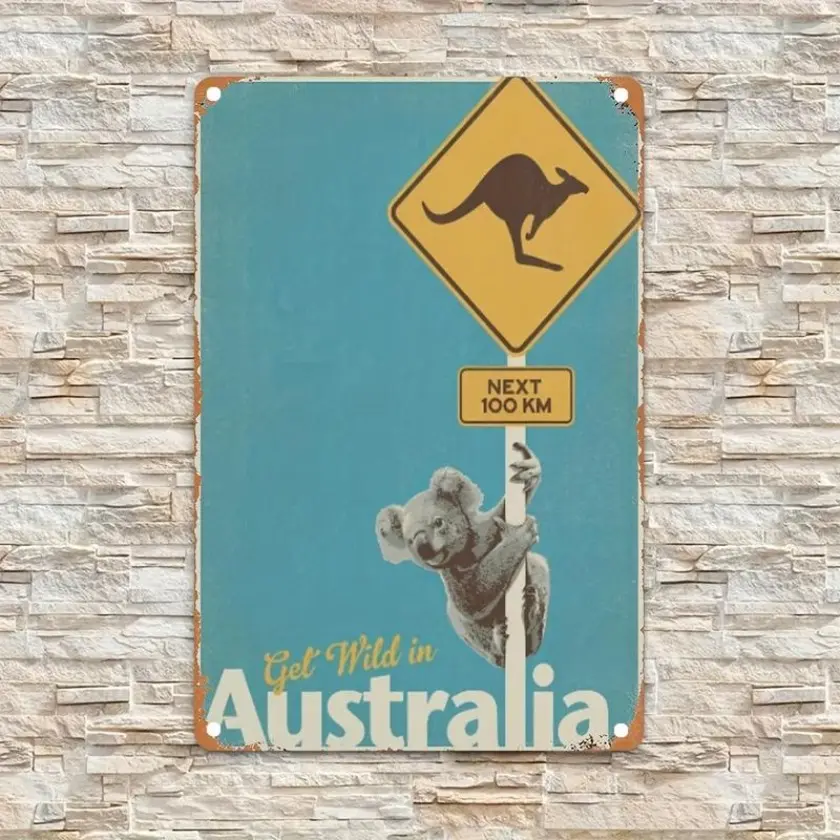 Vintage Australia Travel Wall Art Rectangular Aluminum Sign Decor for Home Room Restaurant Bar Cafe Garage Australian Kangaroo Koala Road Plaque 20x30 cm