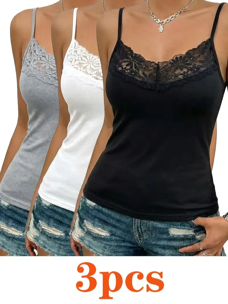 3-pack breathable solid-color tops/camisoles — women’s sleeveless slim-fit tops for inner or outer wear, stylish and elegant for all seasons; sports yoga base layer tops; women’s 3-pack base layers for all seasons; lace-paneled camisoles, fashionable and