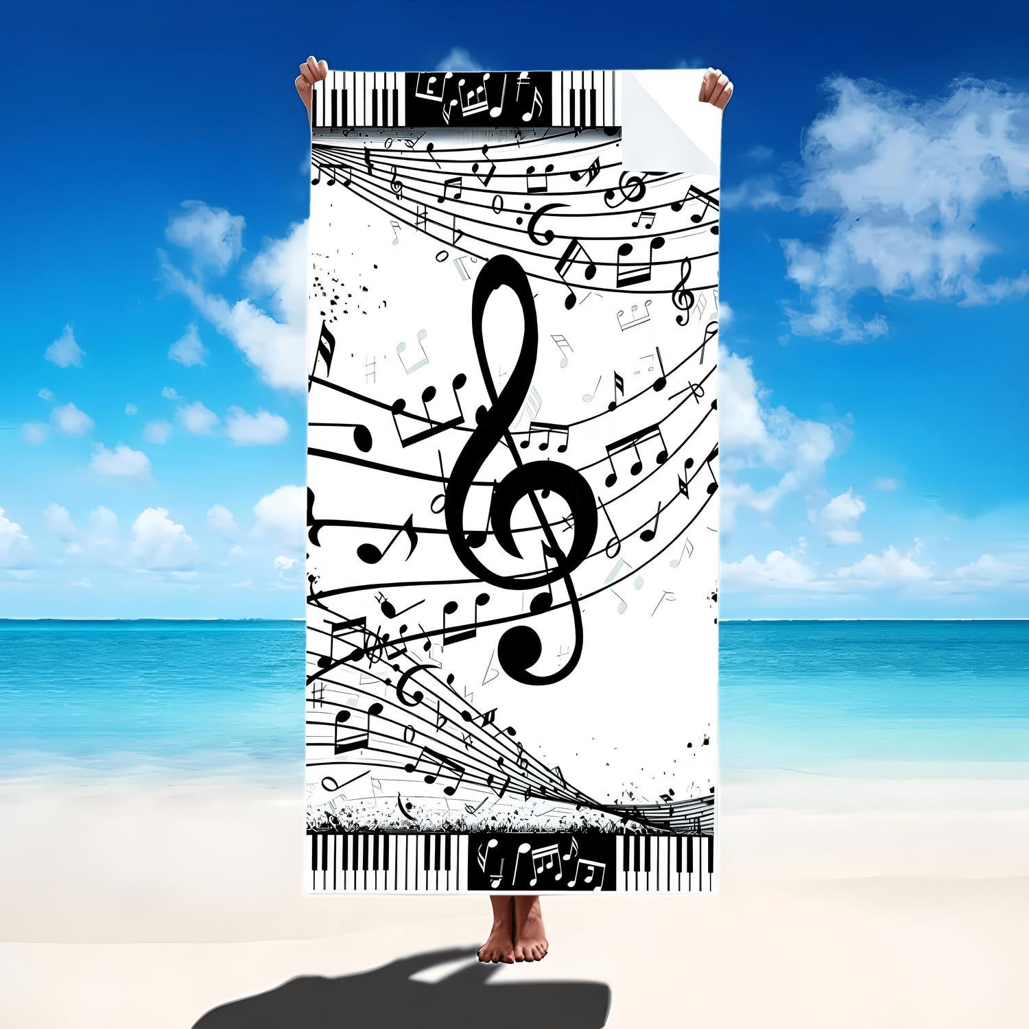 A Quick-Dry, Personalized Beach Towel with a Music Theme - Windproof, Ultra-Absorbent Microfiber, Bohemian Style, Perfect for Sports, Travel, Swimming, And Yoga - Featuring a Cute Black And White Musical Note Design
