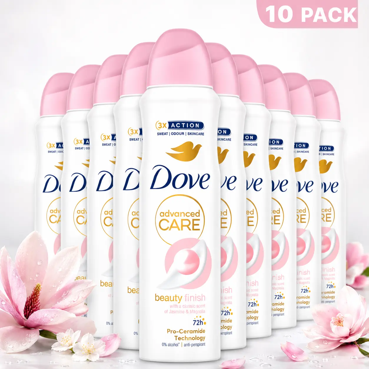 Dove Advanced Care Beauty Finish Deodorant Spray, Anti-Perspirant 72H Protection with Pro-Ceramide & 1/4 Moisturizing Cream to Restore Smooth, Sensitive Skin, Jasmine Scent, 10 Pack (5oz), Body Care, Daily, Fragrance, Workouts, Blend