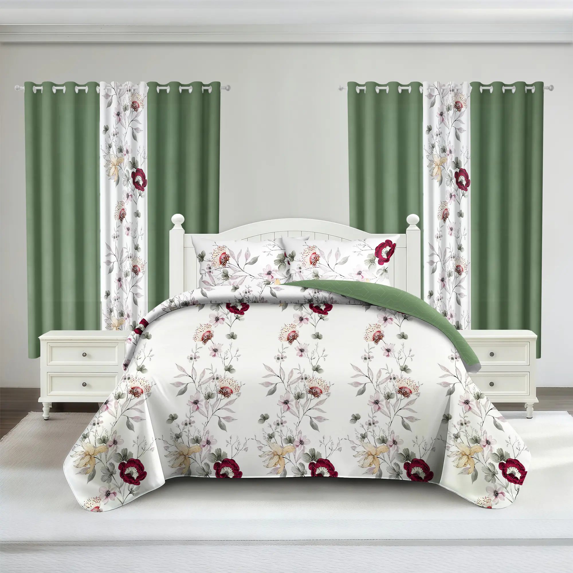 Green Floral Room In A Bag 9 Piece Bedspread Set Reversible Ultra Soft Cotton Like Microfiber With Bamboo Microfiber Fade Resistant Digital Print Includes Bedspread Pillowcases Curtains Unique Bedding Sets Fall Farmhouse Decor