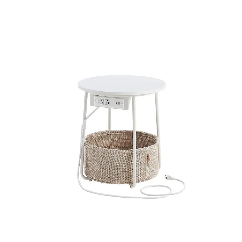 VASAGLE Side Table with Charging Station, With Fabric Basket, Nightstand with Power Outlets USB Ports, for Living Room, Bedroom, Modern