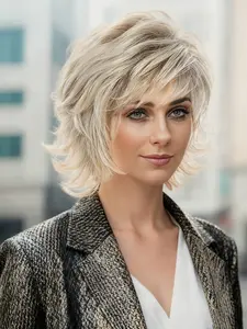 Women's Gradient Golden Wig, 10 Inch Short Loose Curly Layered Bangs, Side Part Synthetic Hair, Pre Styled Wig, Natural Look No Glue, Glueless Wigs, Ideal for Daily & Party Holiday wigs, Christmas decorating wigs Use