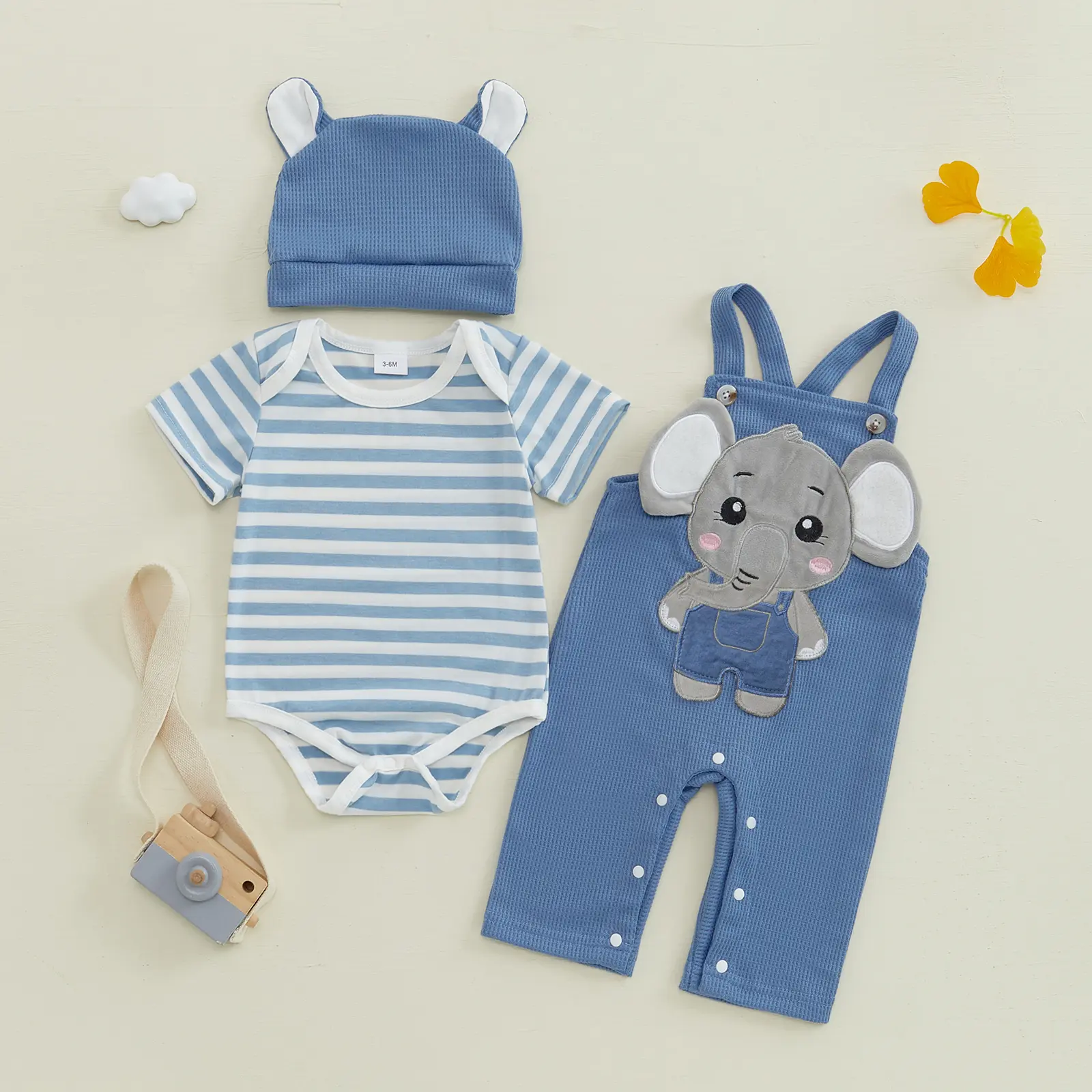 Baby Boy's Fitted Stripe Short-Sleeve Romper Pants Hat Set, 3-Pcs Cotton Blend Outfit with Elephant Motif, Polyester-Elastane for 6-9m Summer Wear, Boys' Outfit, 6 - 9 Months
