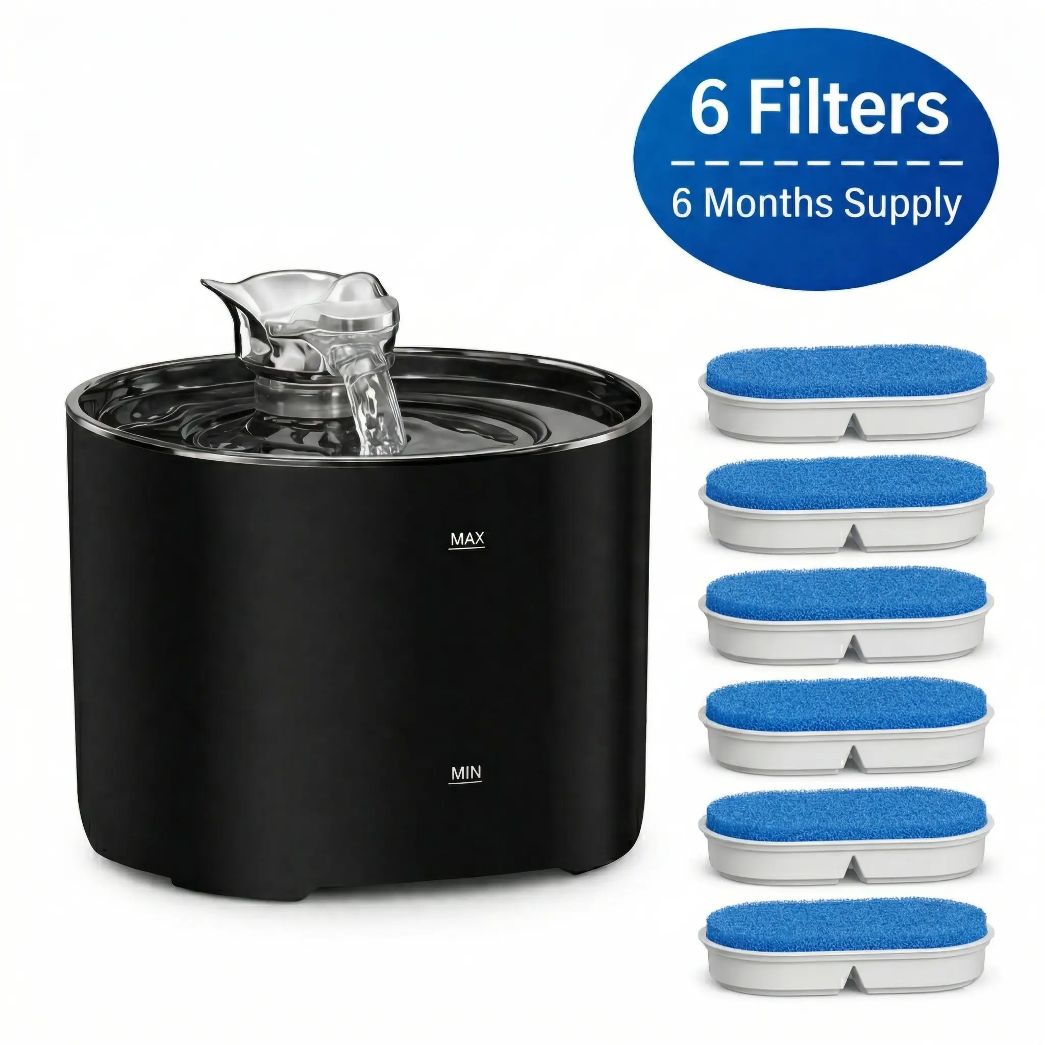2.2L Automatic Pet Water Fountain (Automatic Water Feeder, Self-Dispensing Fountains) – Ultra-Quiet 35dB Dispenser with 6 Filters (6-Month Supply), Kitten Essential Bowl for Indoor Multi-Pet Households