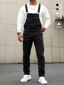 Men's Casual Elastic Denim Overalls, Comfortable Fashion Daily Wear, All-Season Fitted Plain Design with Pockets, Natural Waist Button Fly