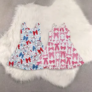 New Clothes Sibling Kids Girls Sleeveless Bow Baseball Dress Athletic Straps Pink Ruffle Summer Dress Red Blue cute style baby comfortable casual wear clothing outfit toddler summerclothes matching set fashion