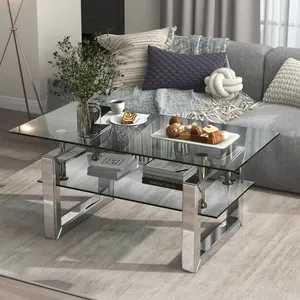 Glass Coffee Table, Modern 2-Layer Tempered Glass Mirrored Coffee Table, Rectangle Living Room Tables, Luxury Silver Mirrored Furniture Tea Table Cocktail Table for Living, W 39.4" X D 19.7 " X H 17.7" Transparent tempered glass coffee table, coffee table