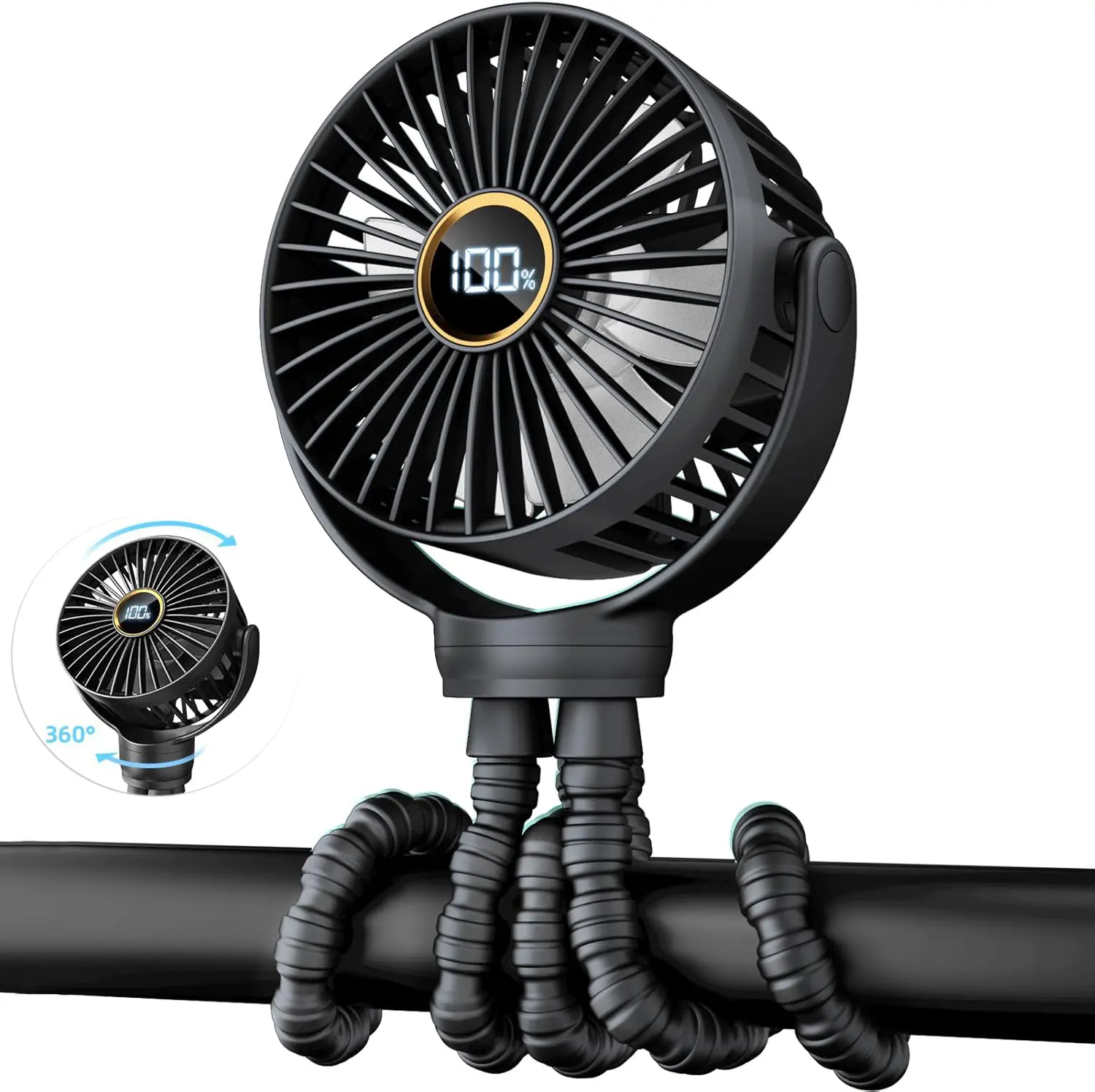 360° Rotatable Rechargeable Stroller Mini Fan 3 Speed Portable Personal Cooling Fan Multi-Use Travel Accessory for Baby Wagon Car Seat Bike Treadmill