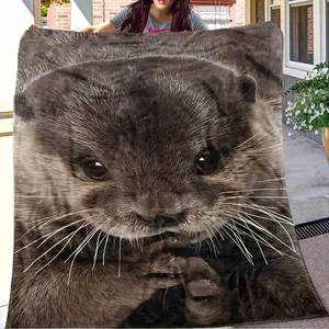 1pc Luxury Otter Play Blanket, Sea Otter Shawl Blanket. A soft flannel blanket suitable for all seasons, perfect for home, travel, and camping