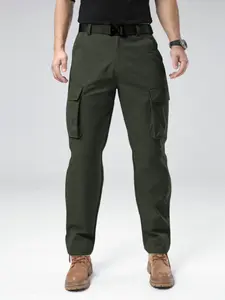 Men's Casual Fitted Cargo Pants, Multi-Pocket Workwear, Durable Straight Leg Trousers, Trendy Sportswear, Plain Pattern, 8966