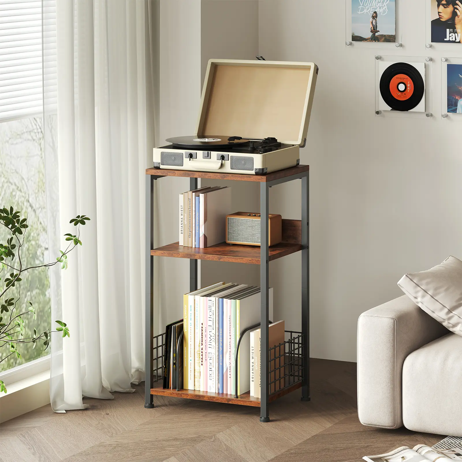 3 Tier Side Table, Record Player Stand with Storage Up to 100 Albums, Turntable Stand for Vinyl, Records Shelf for Living Room Bedroom