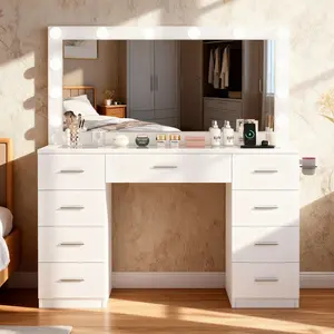 Fabiula Modern Vanity Table Set with 9 Drawers Glass Desktop 12 LED Lights & Large Mirror for Bedroom Flexible Lighting Options Makeup Desk
