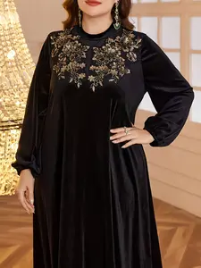 Elegant Plus Size Velvet Long Sleeve Dress, High Neck Embroidered Patchwork, Fall Winter Fashion, Warm & Versatile, Womenswear, Lady