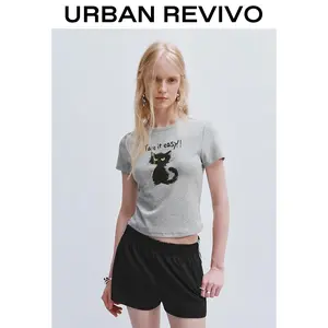 URBAN REVIVO Women's Fashion Cropped T-Shirt - Round Neck, Short-Sleeve, Playful Graphic Print, Casual Comfortable Heather Gray Top, UYV450095 Springtok Style