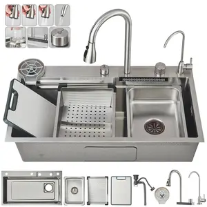 Senlesen Modern Stainless Steel Kitchen Sink 31.5x18 inch Drop in Single Bowl Brushed Nickel Waterfall Kitchen Sink with Pull Down Faucet，Drain Assembly Accessories Flying Rain Mixer Faucet
