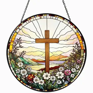 Cross Wildflowers Stained Glass Suncatcher: Christian Religious Faith Flower Window Decor, Thoughtful Gift for Home