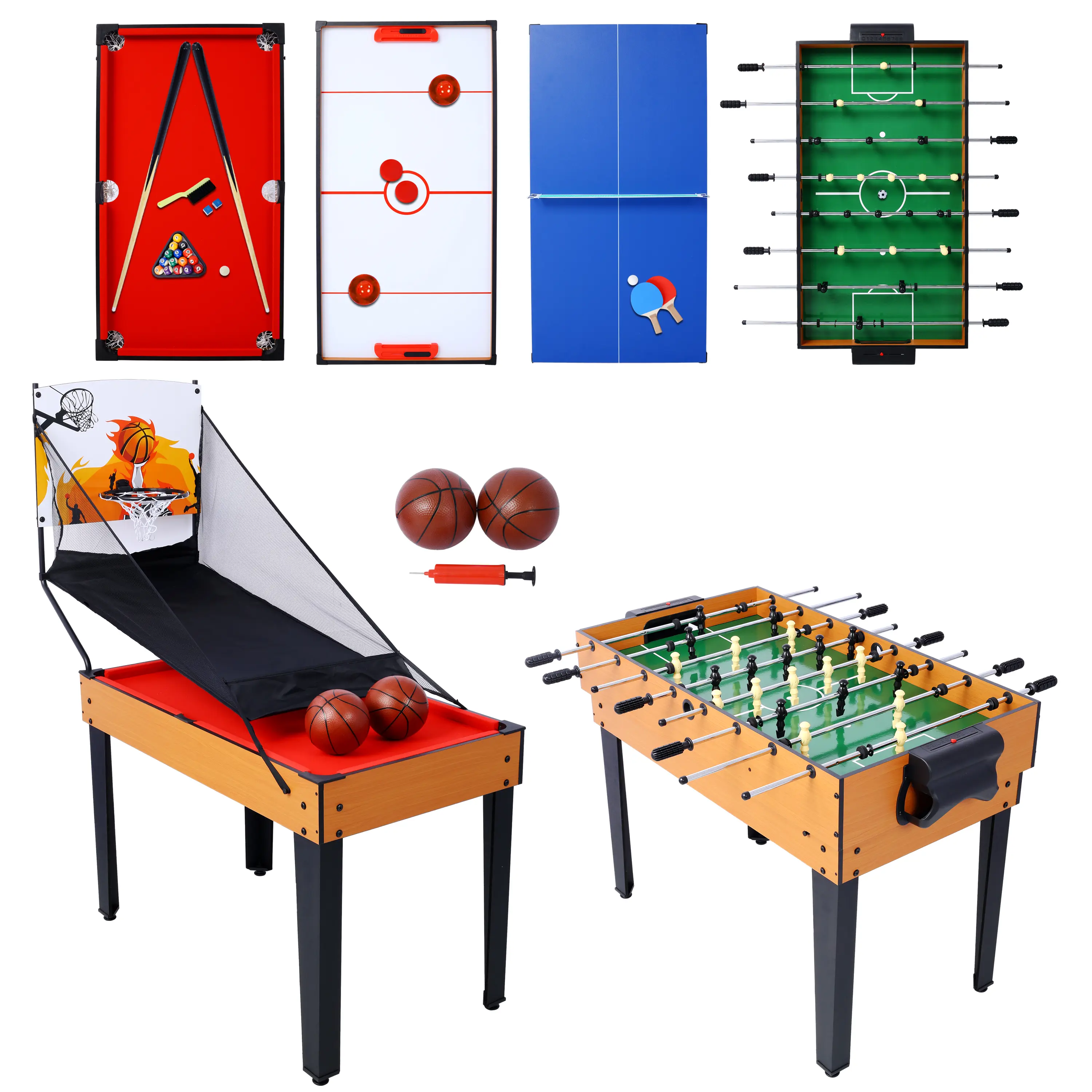Unisex 5-in-1 Multi-Sports Game Table - 1090x615x810mm, Velvet Top, MDF Legs, Rubber Grip, Detachable Net, Includes Billiards, Push Hockey, Foosball, Table Tennis, Mini Basketball, Brown/Red, Baskball, 5-In-1 Versatility, All-Inclusive Accessories
