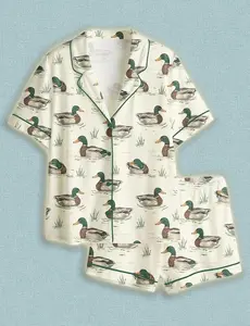 Watercolor Mallard Duck Hunting Satin Pajama Set Fun & Stylish Sleepwear Unique PJs with Design Pajama Gift For Her 100% Polyester Satin Short-Sleeve Loungewear Pants