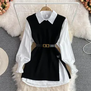 2024 Spring Autumn Long Sleeve Set White Shirt Sweater Vest Age Reducing Loose Knitted Vest Shirt Two-piece Set Women's Casual Fitted Tops with Colorblock Pattern