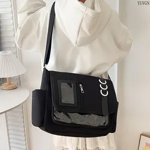 Fashion Casual Ita Crossbody Bag for Students, Lace-Up Slouch Shoulder Bag with Mesh Pocket & Clear Card Slot, Versatile Daily Commute & School Tutoring Bag summerwins