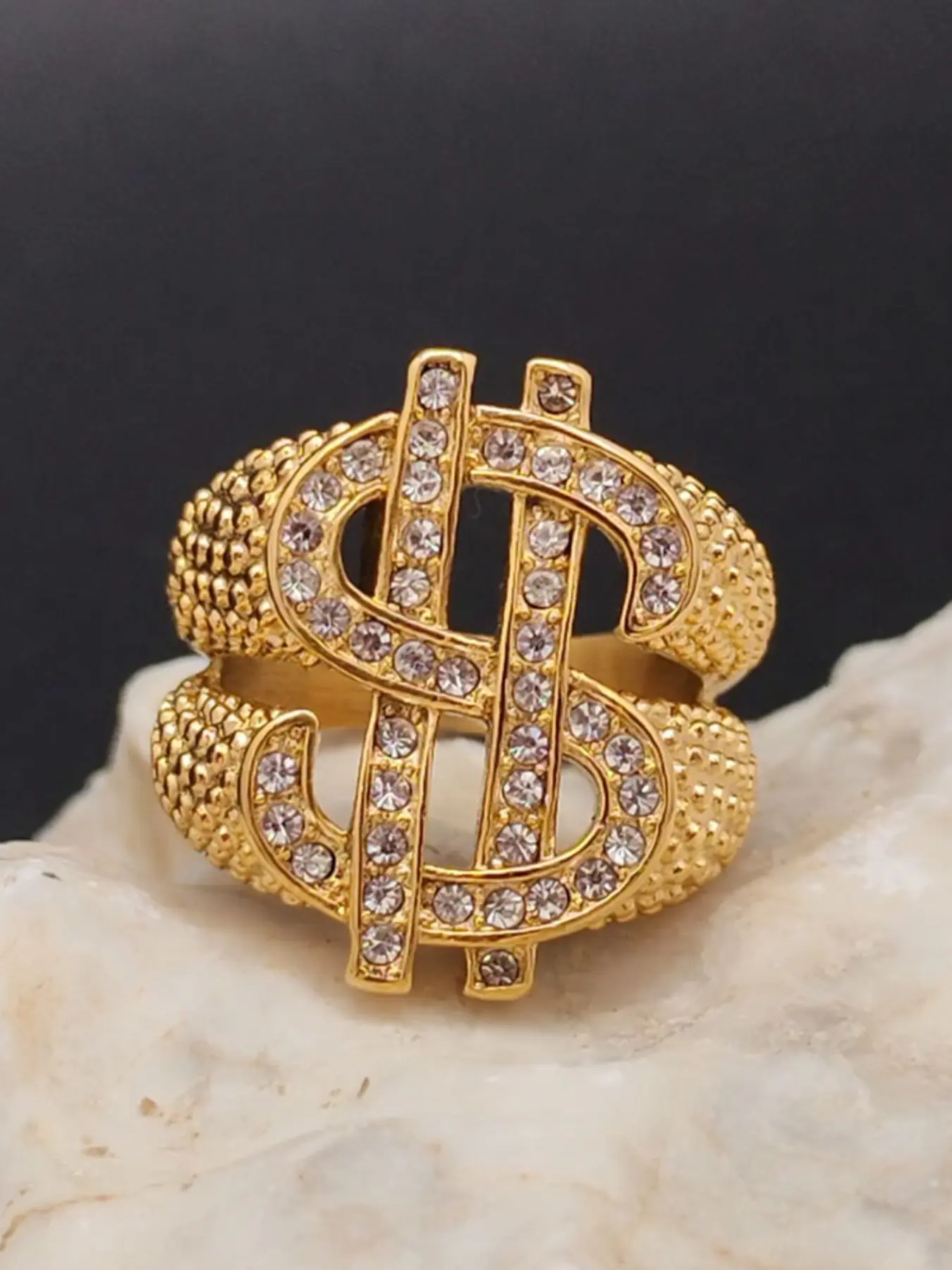 A golden stainless steel ring for a man with diamonds and 18K gold plating, a hip-hop rock party accessory, Statement Ring