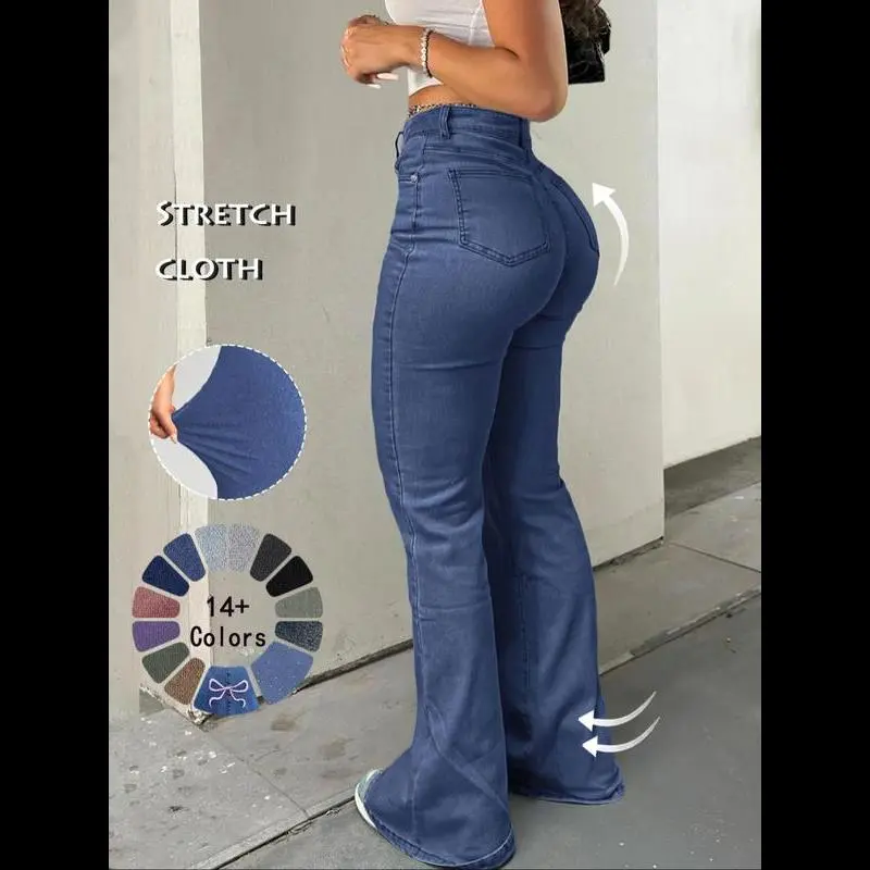 Women's 2026 Dark Wash Flared Denim Jeans, Casual Button-Fly Waist Bell Bottom Pants with Pockets, Fall-Winter Sports Outerwear for Daily Wear, Women's Clothing