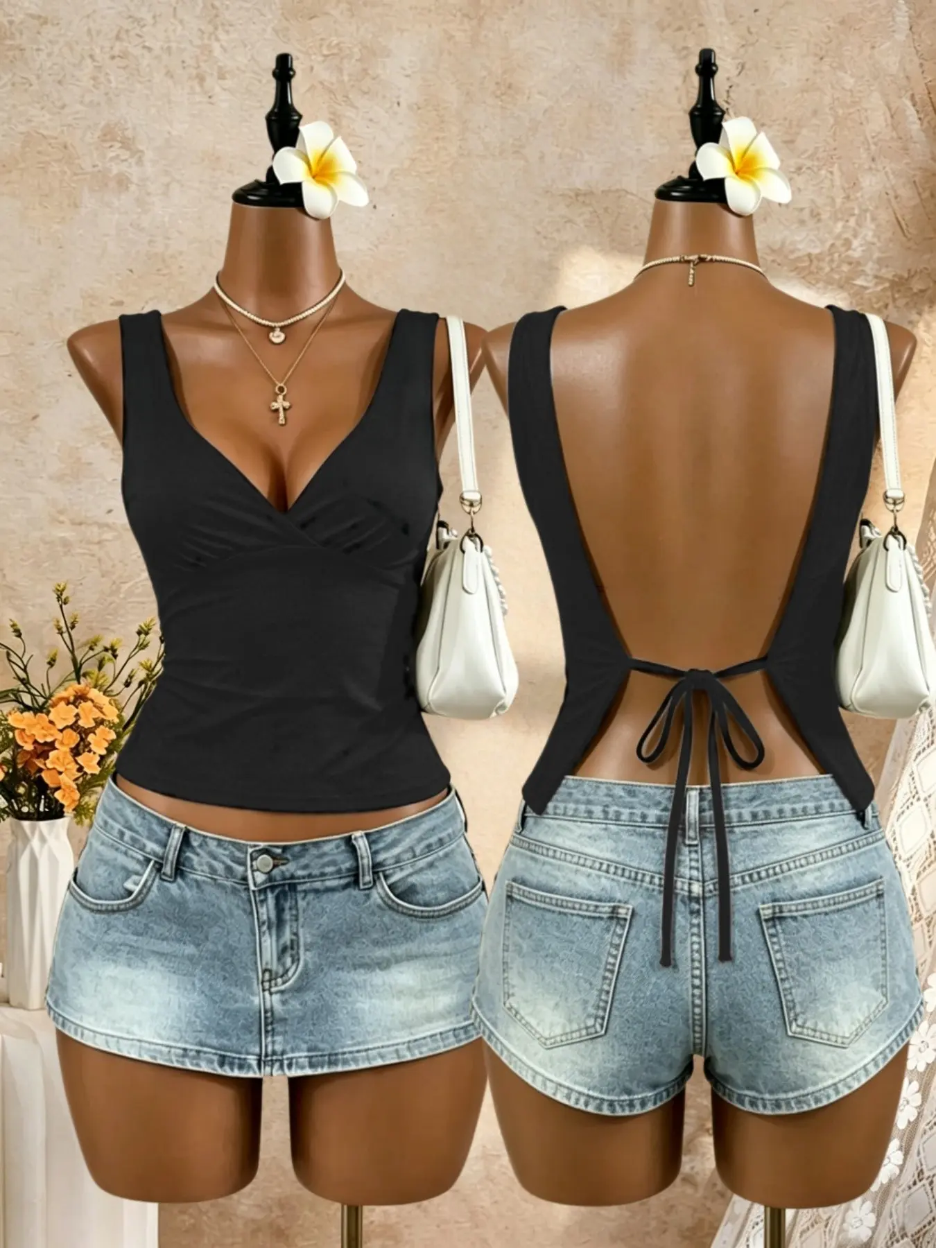 Women's Sexy Deep V Sleeveless Top, Backless Strappy Design, Bodycon Fit Casual Beach Tank, Perfect for Summer Vacation, Beach and Date Night