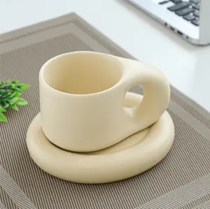Chubby Minimalist Ceramic Mug & Saucer Set – 270ml Creamy Beige Matte Coffee Cup, Cute Round Handle, Modern Aesthetic Pottery Tea Cup for Home & Office