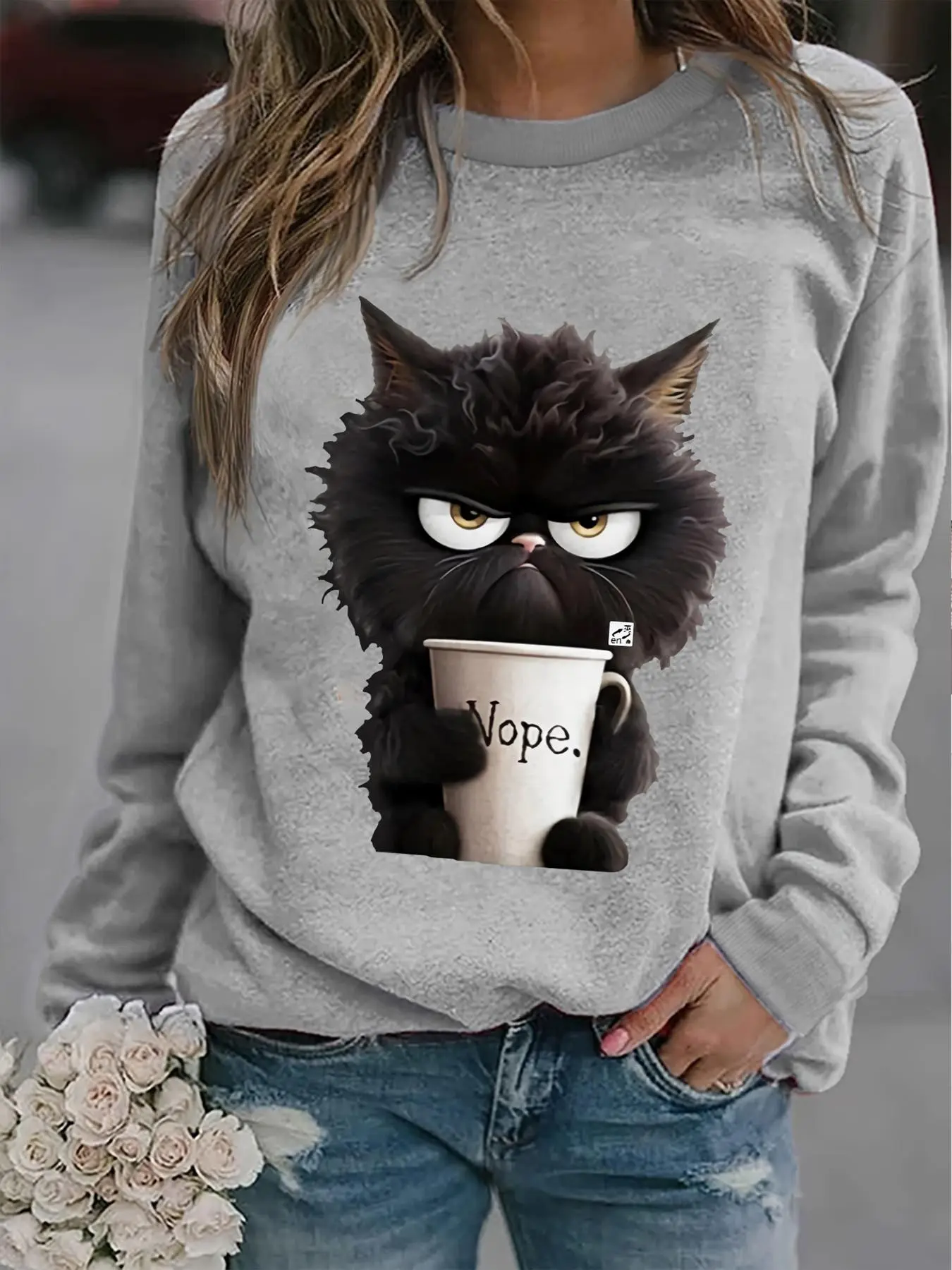 Women's Angry Cat  Print Drop Shoulder Sweatshirt, Casual Long Sleeve Round Neck Pullover for Fall & Winter, Women's Clothes for Daily Wear