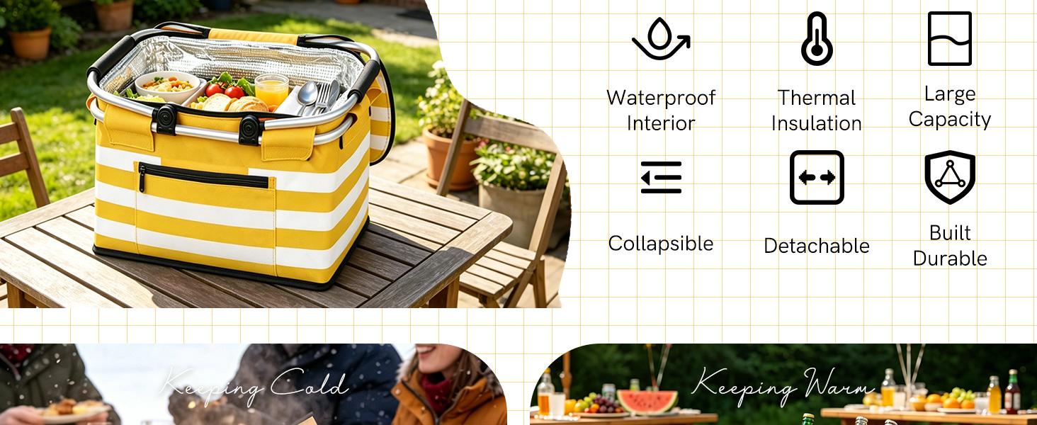 Yellow Insulated Picnic Basket,Leak-Proof Collapsible Cooler Bag,26L Grocery Basket with Lid,2 Sturdy Handles,Storage Basket for Picnic,Food Delivery,Take Outs,Market Shopping,Travel