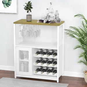 White Wine Bar Rack Cabinet with Detachable Wine Rack Coffee Barwith Glass Holder Small Sideboard and Buffet Cabinet with Mesh Door