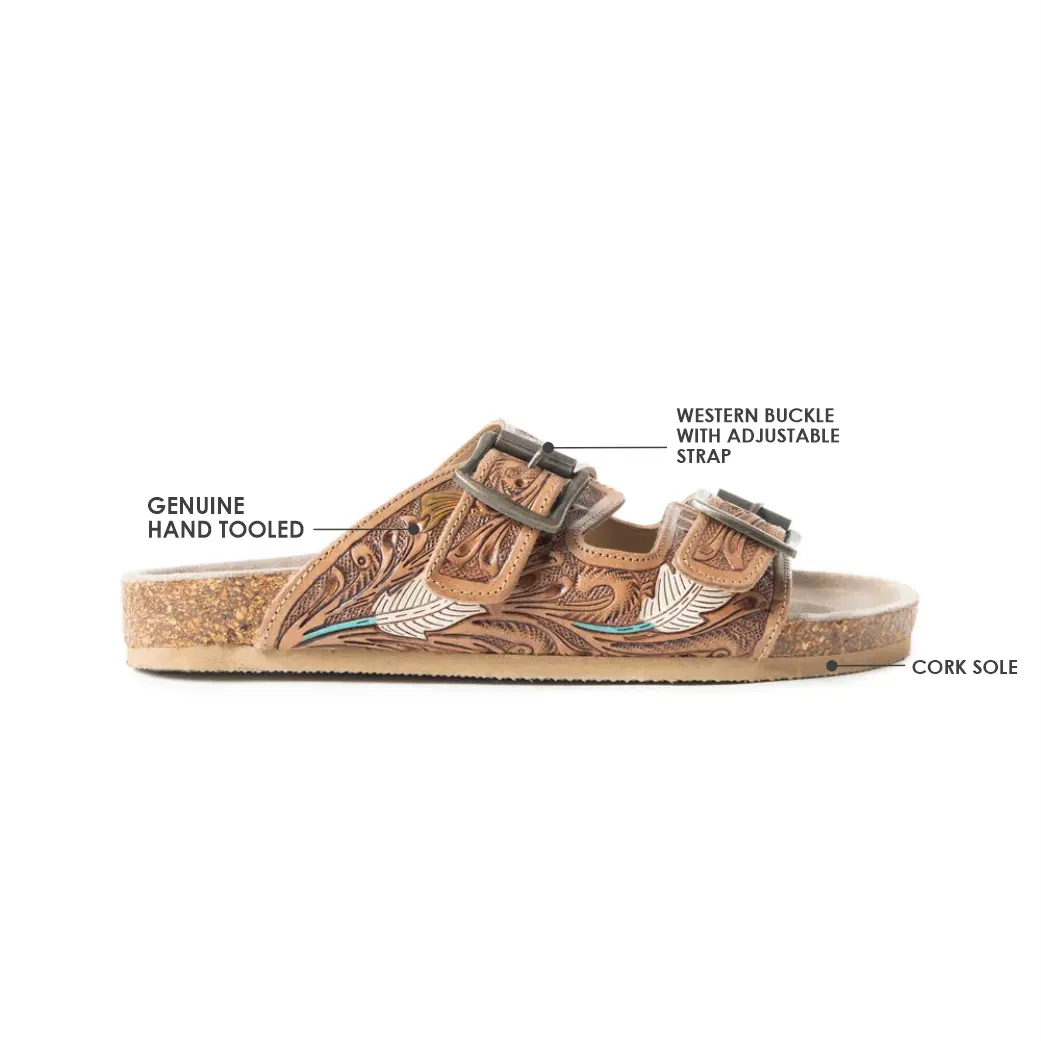 Men's Genuine Leather Open Toed Sandals with Feather Accent, Hand-Tooled Boho-Western Footwear with Cork Footbed & Adjustable Strap, Dark Brown