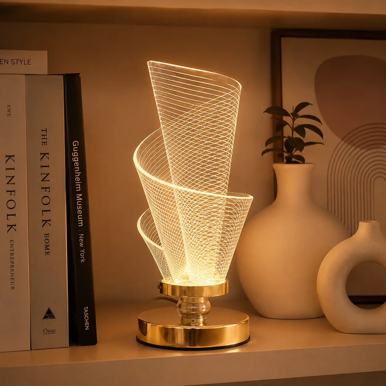 Modern spiral-shaped LED desk lamp, USB-rechargeable acrylic desk lamp with 3 lighting modes; a modern and creative home decor lamp suitable for bedrooms, living rooms, offices, bookshelves, and as a gift