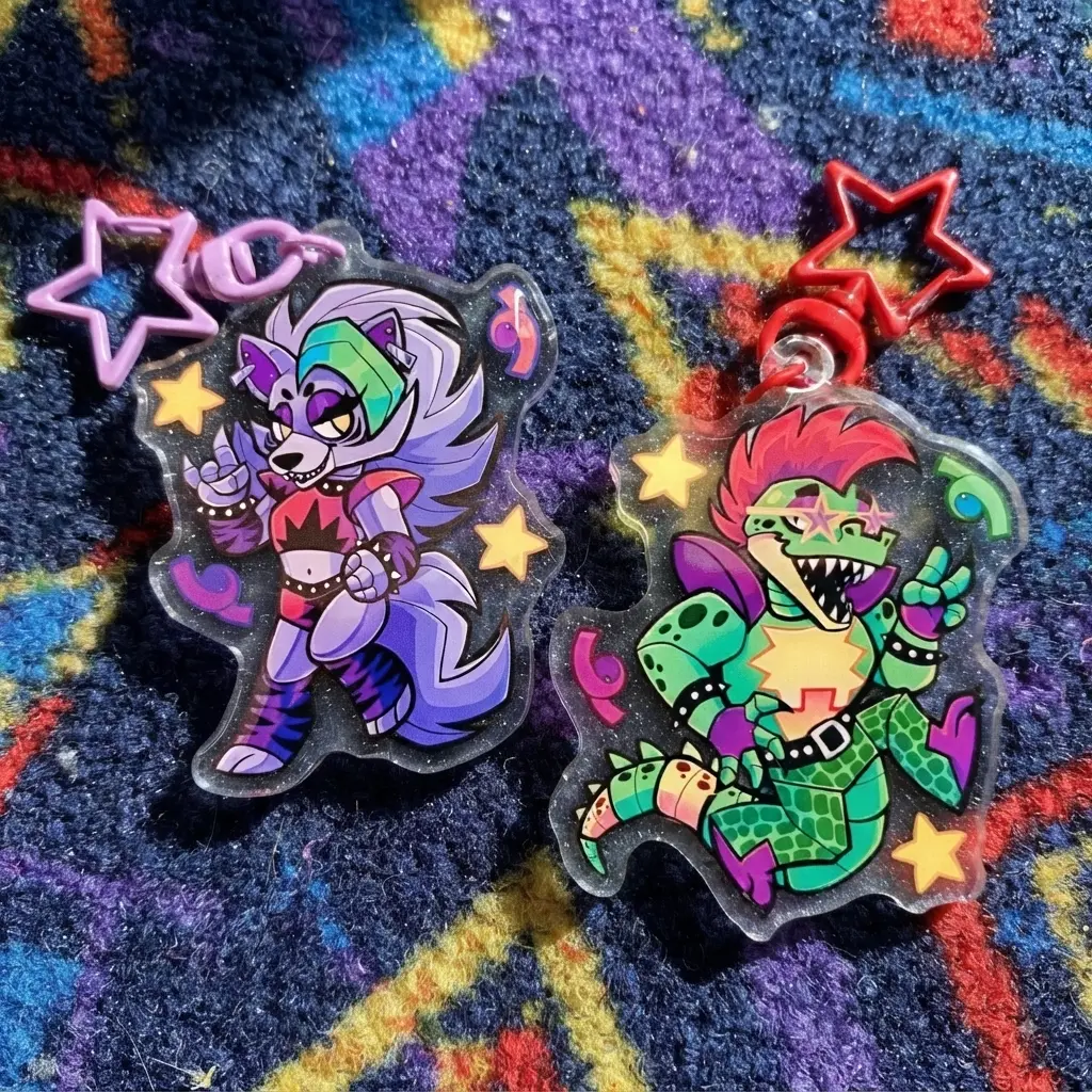 FNAF Keychain - FNAF Security Breach Roxanne Wolf & Monty Gator Charms - Cute Acrylic Cartoon Keychain, Funny Meme Character Charm for Keys, Bags, Backpack, Durable Gift for Fans & Collectors